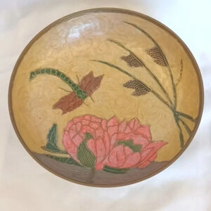 Vintage Solid Brass Enameled Dragonfly Water Lily Bowl